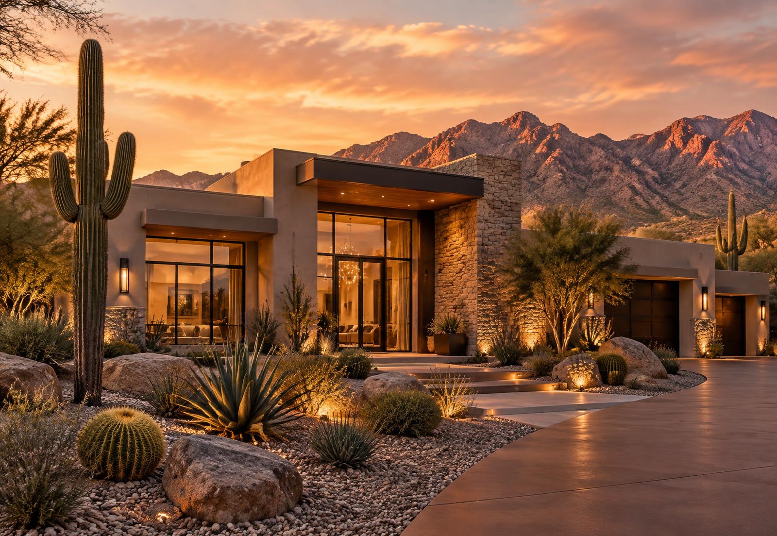 New construction desert contemporary home in Tucson at sunset